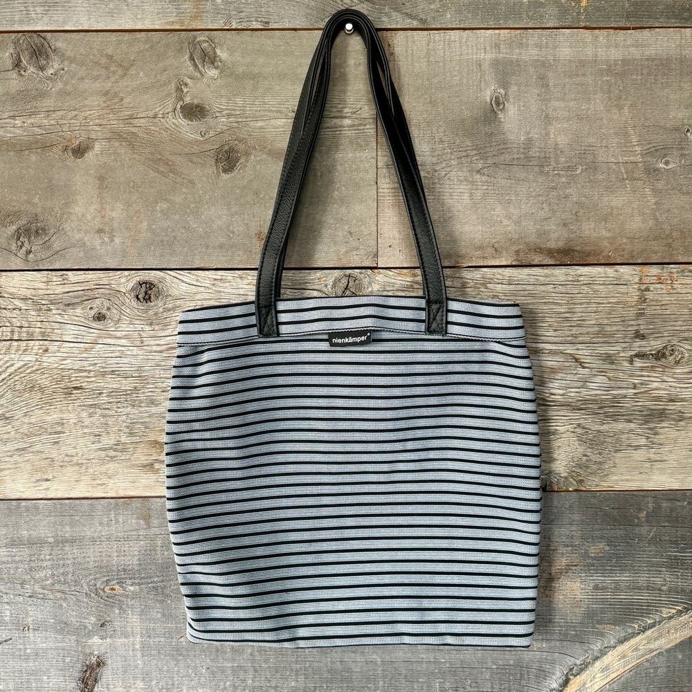 Nienkämper Black Grey Stripe Fabric Leather Handle Tote Bag Travel Commute Light